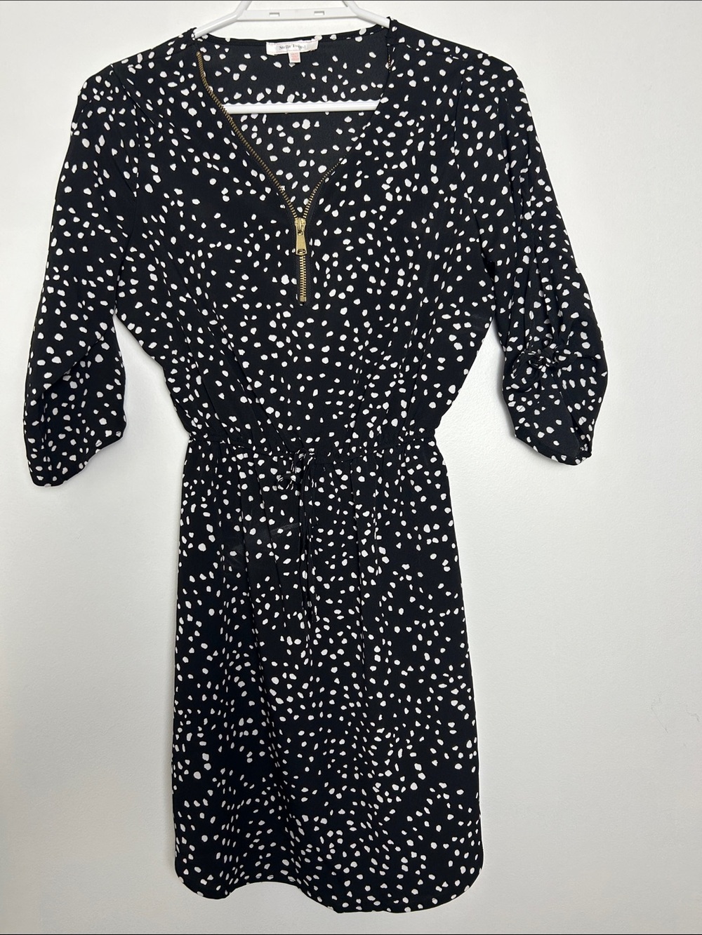 Stella Tweed Black White Dot Print Zip Front Knee Length Dress XS